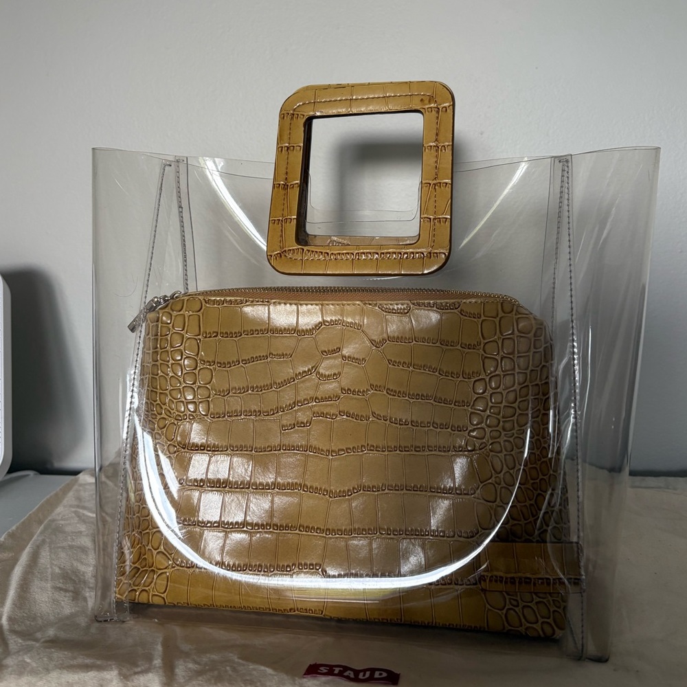 STAUD Shirley Transparent Tote with Tan Croc-Embossed Pouch